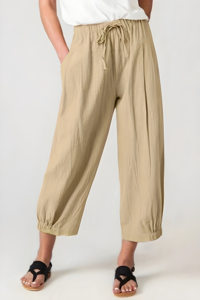 Vintage Women's Solid Color Loose Lace-up Pleated Details Wide-leg Pants