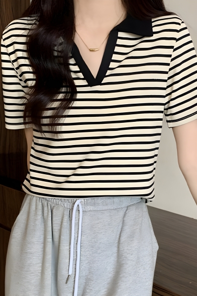 Simple Girls' Contrast Color Striped Pattern Lapel Short Sleeve Summer Polo Shirt