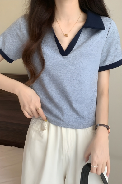Pretty Girl Color Block Lapel Summer Short Sleeve Polo Shirt