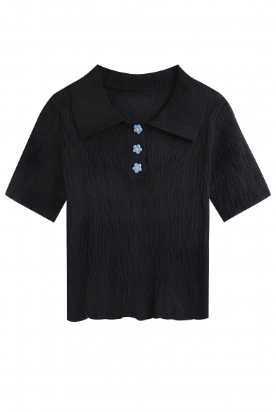 Beautiful Women's Solid Color Lapel Summer Short Sleeve Flower Button Polo Shirt