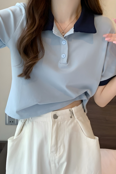 Fashionable Girls Lapel Short Sleeve Loose Contrast Color Polo Shirt