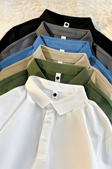 Retro Men's Solid Color Short Sleeve Half Button Detailed Polo Shirt