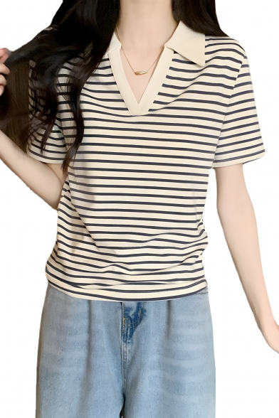 Simple Girls' Contrast Color Striped Pattern Lapel Short Sleeve Summer Polo Shirt