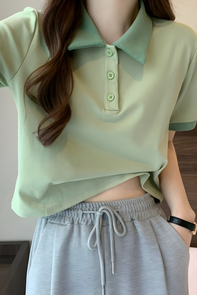 Fashionable Girls Lapel Short Sleeve Loose Contrast Color Polo Shirt