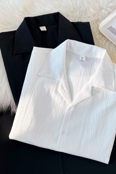 Boys' Avant-Garde Solid Color Three-quarter Sleeve Lapel Loose Buttoned Shirt