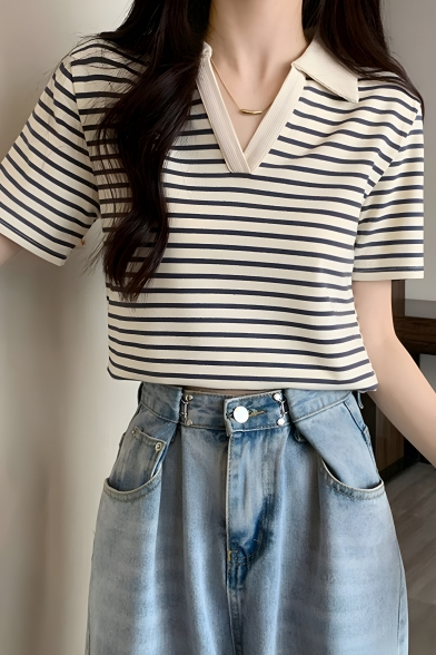 Fashionable Girls Lapel Short Sleeve Loose Striped Contrast Pattern Polo Shirt
