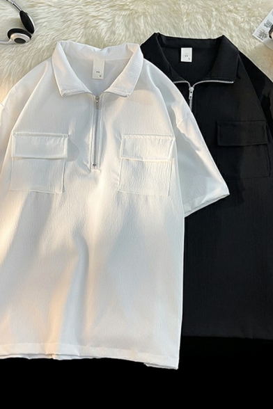 Retro Men's Solid Color Lapel Summer 5 Quarter Sleeve Polo Shirt