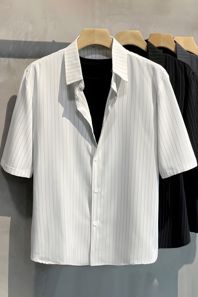 Boys' Urban Stripe Pattern Half-Sleeve Lapel Straight-Breasted Shirt