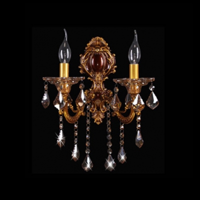 Antique Gold Two Light Delicate Scupltural Crystal Wall Sconce
