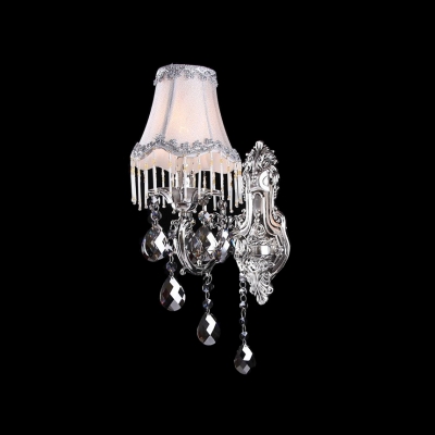 Attractive Wall Light Fixture Offers Graceful Silver Finish and White Fabric Shade Perfect for Living Room