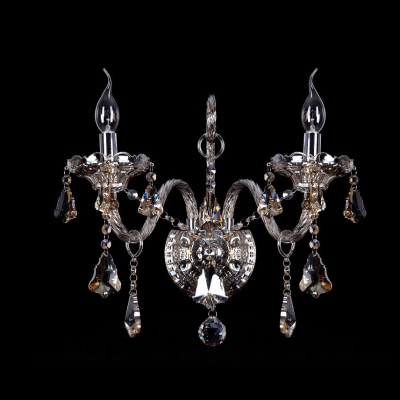 Beauteous Two Candle Lights Wall Sconce with Graceful Scrolling Arms and Faceted Crystal Drops