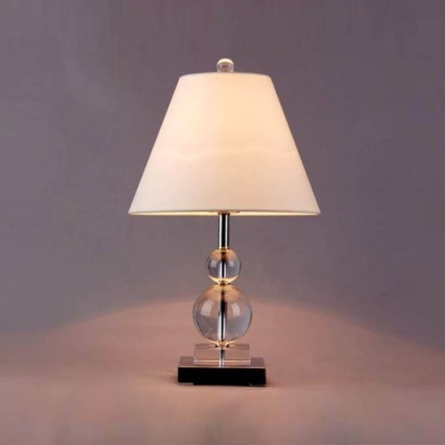 Elegant Modern Table Lamp Fixture with Stacked Crystal Orbs and Topped with Clean White Fabric Shape