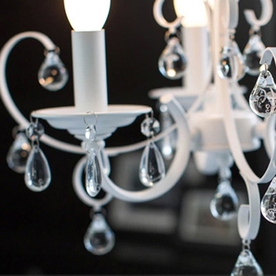 Glittering Crystal Rain Drops Suspended White Curved Arms Romantic and Beautiful Chandelier