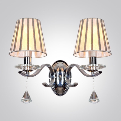 Modest and Chic Clear Crystal Teardrops Two Lights Wall Sconce Embracing Gray Empire Fabric Shade