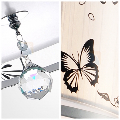 Mysterious Black Butterfly and Flowers Pattern White Shade Add Charm to Grand Flush Mount Ceiling Light