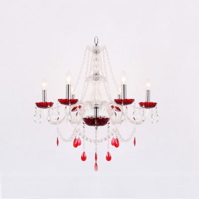 Red Crystal Droplets and Bobeches Sparkling Clear Crystal Romantic Chandelier
