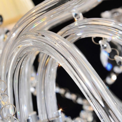Sparkling Clear K9 Crystal Strands and Droplets Soft White Fabric Shades Romantic Chandelier