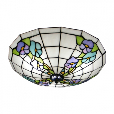 Botanic Motif Three Lights Tiffany Glass Shades Flush Mount Ceiling Light
