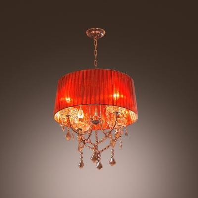 Classic Four Lights Bold Design Red Gauze Shaded Chandelier Accented by Sparkling Crystal Droplets