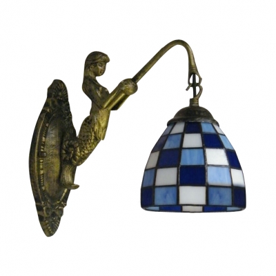 Impressive Mermaid Tiffany Down Lighting Wall Light Accented with Blue and White Grid Pattern