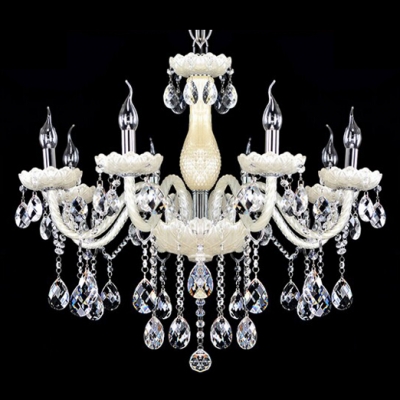 Soft and Chic White Glass Curved Arms and Clear Crystal Beading Chandelier