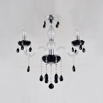 Charming Pleated Black Glass Bobeche Add Stunning Touch to Sleek Crystal Chandelier.