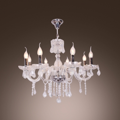 Chrome Finished 8-Light Shinning Clear Crystal Bobeches and Drops Chandelier