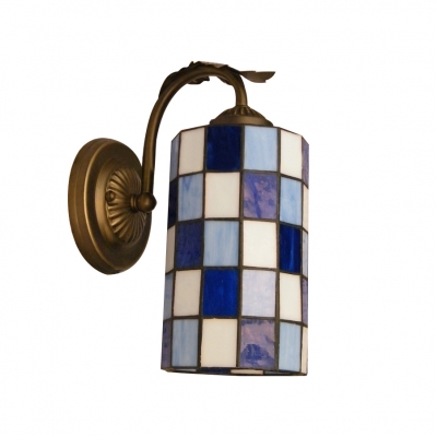 Cylinder Tiffany Glass Shade with Blue and White Grid pattern Beautiful Wall Sconce
