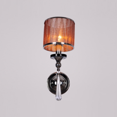 Fluttering One Light Coffee Fabric Cylinder Shade Wall Sconce Adorned with Faceted Crystal Drop Perfect for Bedroom