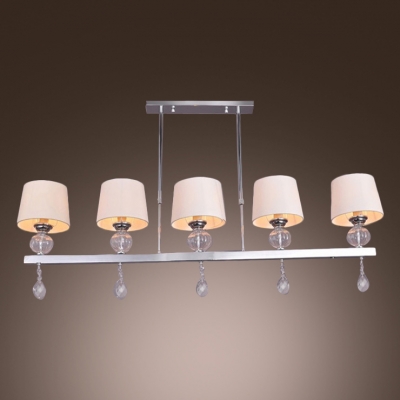 Grand Chandelier Style Island Light Adorned with Off-white Fabric Shades and Crystal Drops