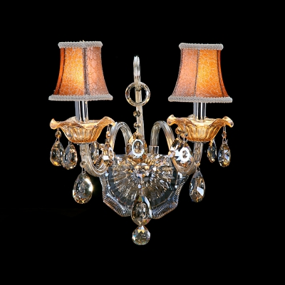 Grand Two Light Wall Sconce Shows Stunning Look with Clear Crystal and Pink Fabric Shade