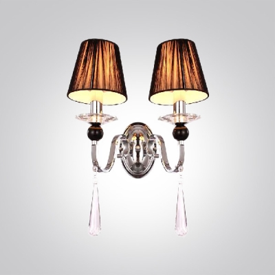 Impressive Faceted Crystal Drops and Black Empire Fabric Shades Add Charm to Delightful Two Lights Wall Sconce