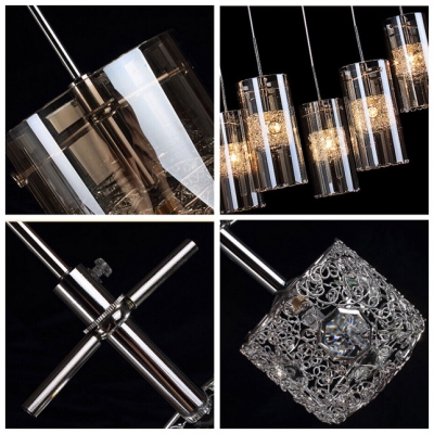 Opulent and Modern Six-light Glass Cluster Chandelier Features Chic Cylinder Shades Filled Clear Crystals