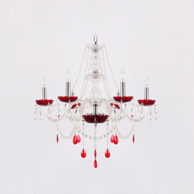 Red Crystal Droplets and Bobeches Sparkling Clear Crystal Romantic Chandelier