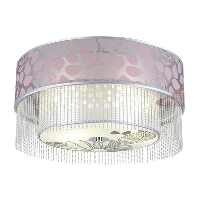 Romantic Pink Fabric Outer Shade Add Charm to Contemporary Four Lights Flush Mount Ceiling Light