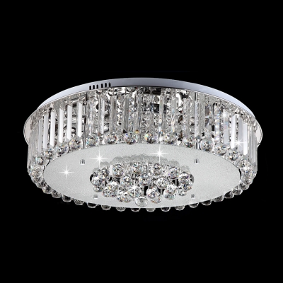 Round Stainless Steel Canopy Flush Mount Hanging Crystal Prisms and Cluster of Crystal Balls