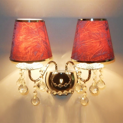 Sparkling Crystal Accented Two Light Wall Sconce Topped with  Fuchsia Fabric Hardback Shades