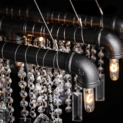 Iron Bar with Crystal Droplet Vintage Linear Pendant Chandelier 15-Light