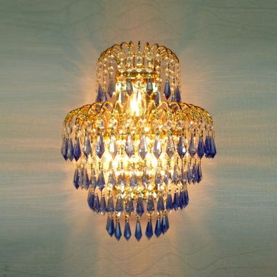 Extraordinary Three-light Wall Sconce Adorned with Unique Blue Faceted Crystal Drops and Gold Finish Frame Creating Magnificent Look