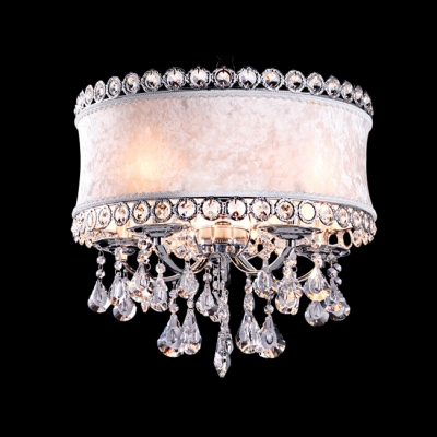 Modern and Graceful White Flannel Drum Shade Large Pendant Light Accented by Hand Cut Crystals