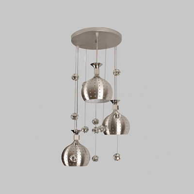 Modern Chrome Finished Three Light Wrought Iron Multi-Light Pendant with Mosaic Mirror Balls Accent
