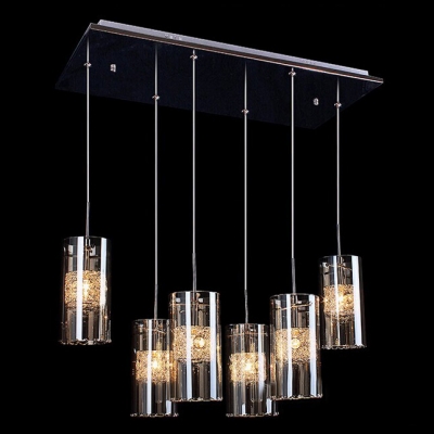 Opulent and Modern Six-light Glass Cluster Chandelier Features Chic Cylinder Shades Filled Clear Crystals