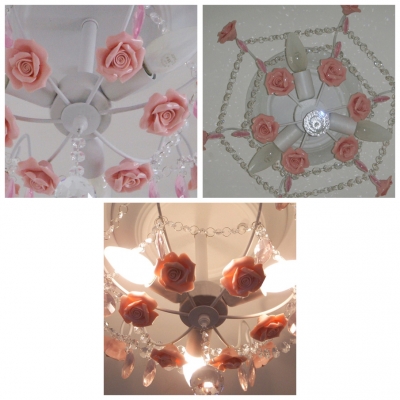 Romantic and Beautiful Pink Floral Detailed and Clear Crystal Strands Semi Flush Mount
