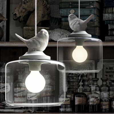 Soft And Romantic White Resin Bird And Hand-Blown Clear Glass Shaded Designer Light