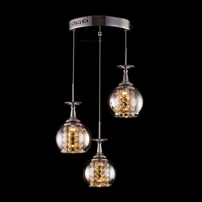 Three Sparkling Glass Globes Enhanced with Chrome Finish Stylish Multi Light Pendant with Crystal Glass