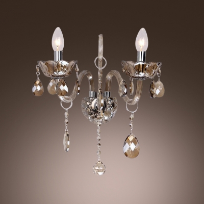 Two Light Wall Sconce Features Gleaming Hand-cut Crystal Curving Arms and Droplets