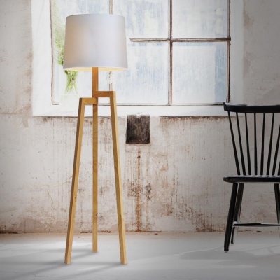 Wood Tripod And Fabric Drum Shaded Floor Lamp In Designer Style