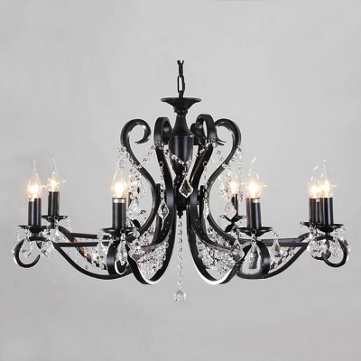 Wrought Iron Black Frame 8 Lights Crystal Strands Chandelier with Ball