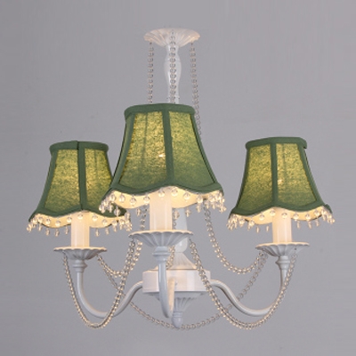 Beautiful Three Colorful Fabric Shades Pairs with White Finish Made Lovely Mini Chandelier