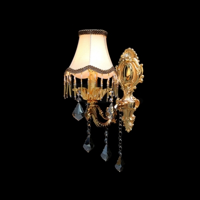 Classic Crystal Drops and White Fabric Bell Shade with Black Edging Add Charm to Splendid One-light  Wall Sconce